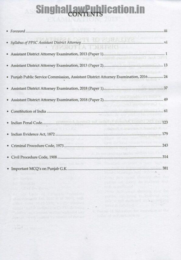 Singhal's Question Bank on Assistant District Attorney Book Content Page