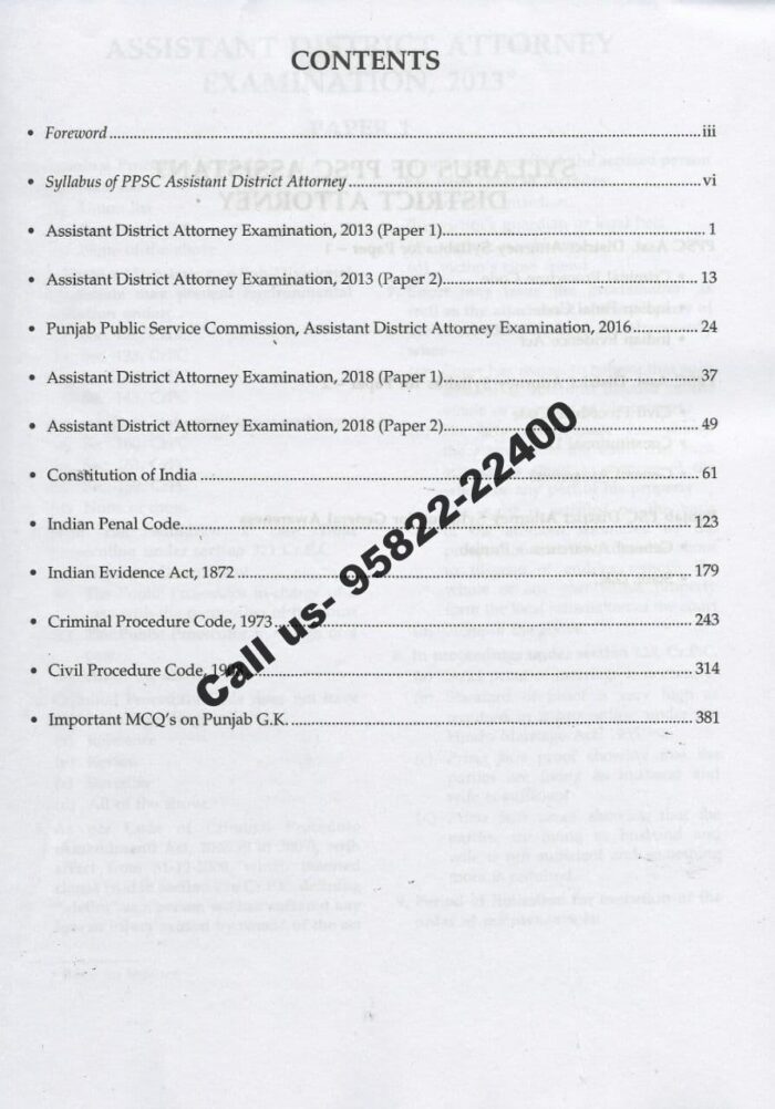 Singhal's Question Bank on Assistant District Attorney Book Content Page