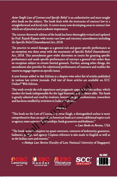 Contract and Specific Relief by Avatar Singh 13th edition (Eastern Book Company) book back cover page