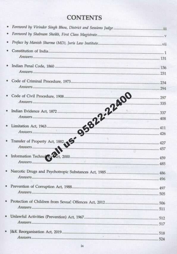 Singhal's MCQs on J&K Prosecuting Officer Exam 2021 Edition Content Page
