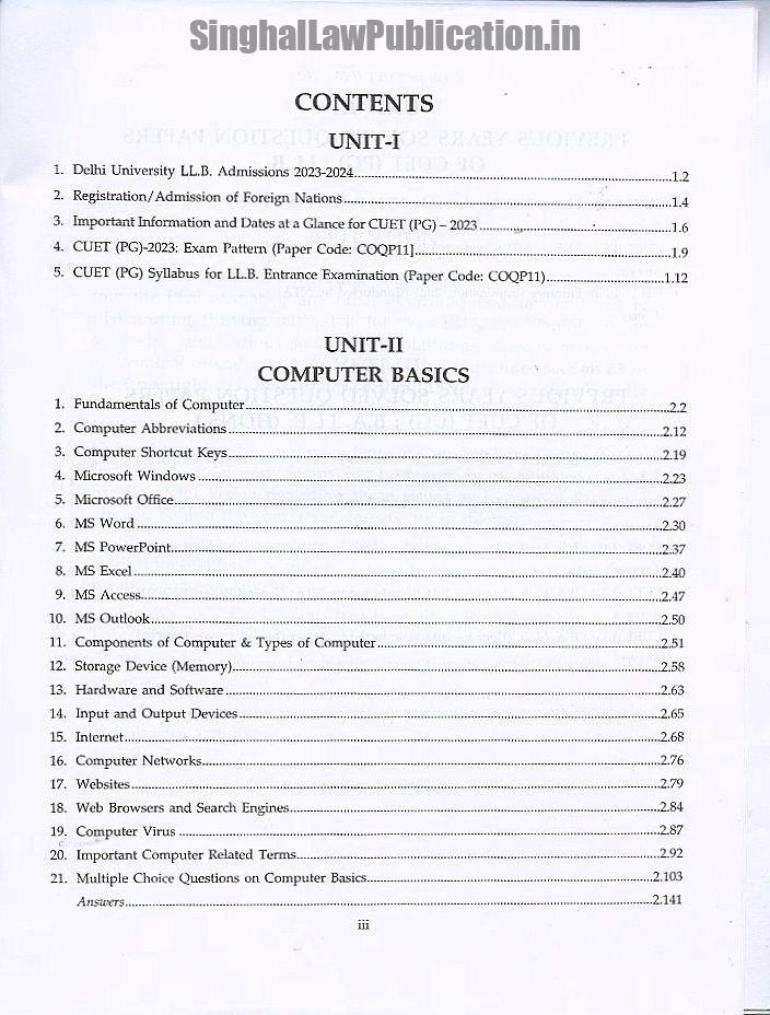 Singhal's SS Guide CUET (PG)- 2023 For DU LLB Entrance Exam Test Paper Code- COQP11 content page 1 Singhal's SS Guide CUET (PG)- For LLB Entrance Exam - Image 2