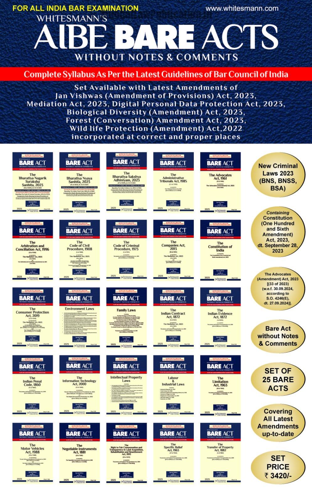 a4d6d926-29ab-4828-abf7-33ea107b989d AIBE (All India Bar Examination) Bare Act Set of 25 Bare Acts With New Criinal law (BNSS, BNS, BSA) Withouts Notes and Comments ( GET AIBE SOLVED PAPER -2024 FREE) Edition 2025 - Image 1