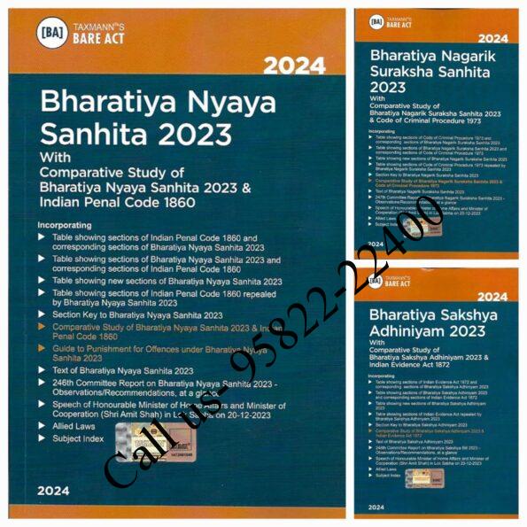 SET of 3 Bare ACT Books TaxMann’s The Bharatiya Nagarik Suraksha Sanhita, 2023, The Bharatiya Sakshya Adhiniyam, 2023 and The Bharatiya Nyaya Sanhita, 2023. TaxMann’s All 3 New Criminal Acts. BARE ACT.