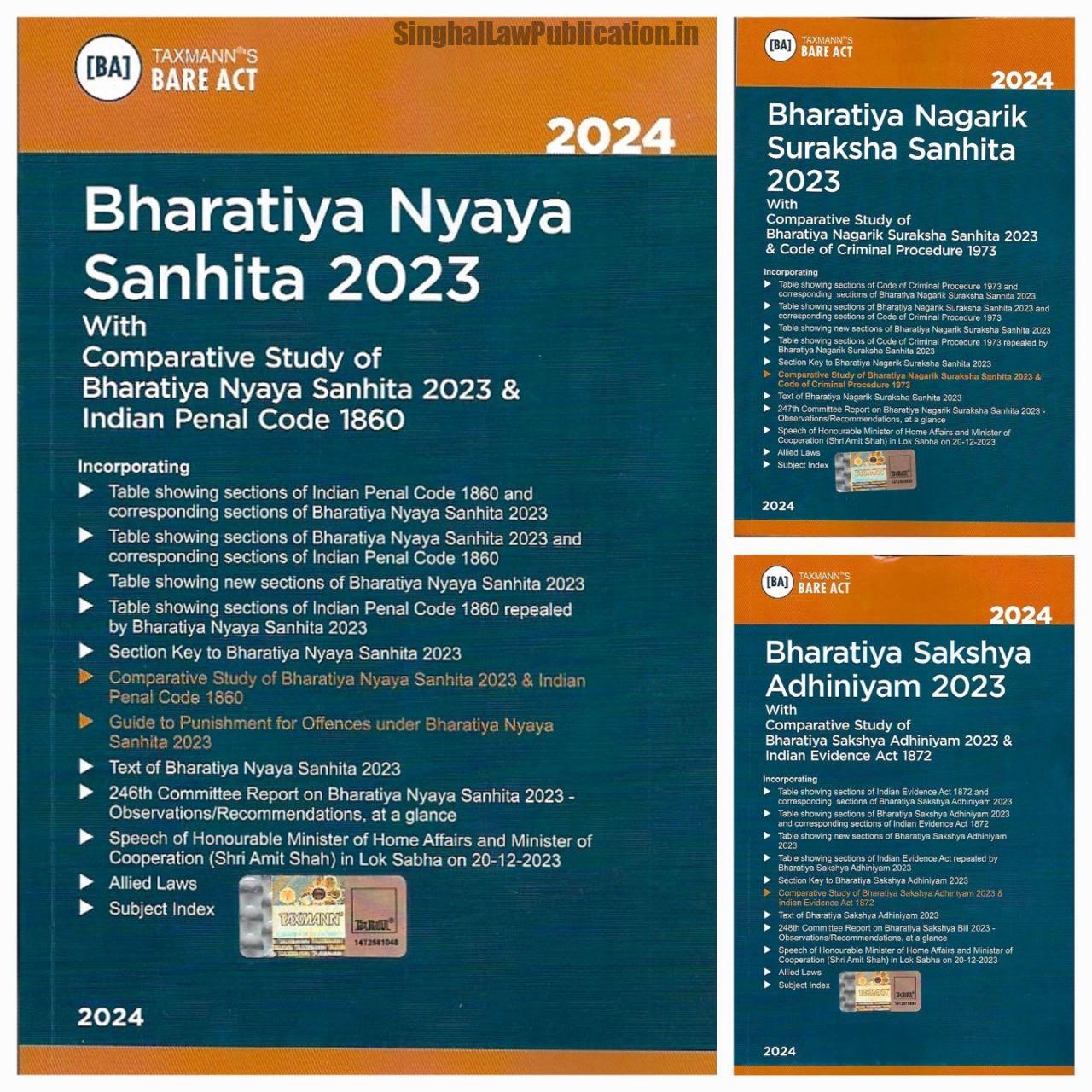 SET of 3 Bare ACT Books TaxMann’s The Bharatiya Nagarik Suraksha Sanhita, 2023, The Bharatiya Sakshya Adhiniyam, 2023 and The Bharatiya Nyaya Sanhita, 2023. TaxMann’s All 3 New Criminal Acts. BARE ACT. SET of 3 Bare ACT Books TaxMann’s The Bharatiya Nagarik Suraksha Sanhita, 2023, The Bharatiya Sakshya Adhiniyam, 2023 and The Bharatiya Nyaya Sanhita, 2023. TaxMann’s All 3 New Criminal Acts. BARE ACT.