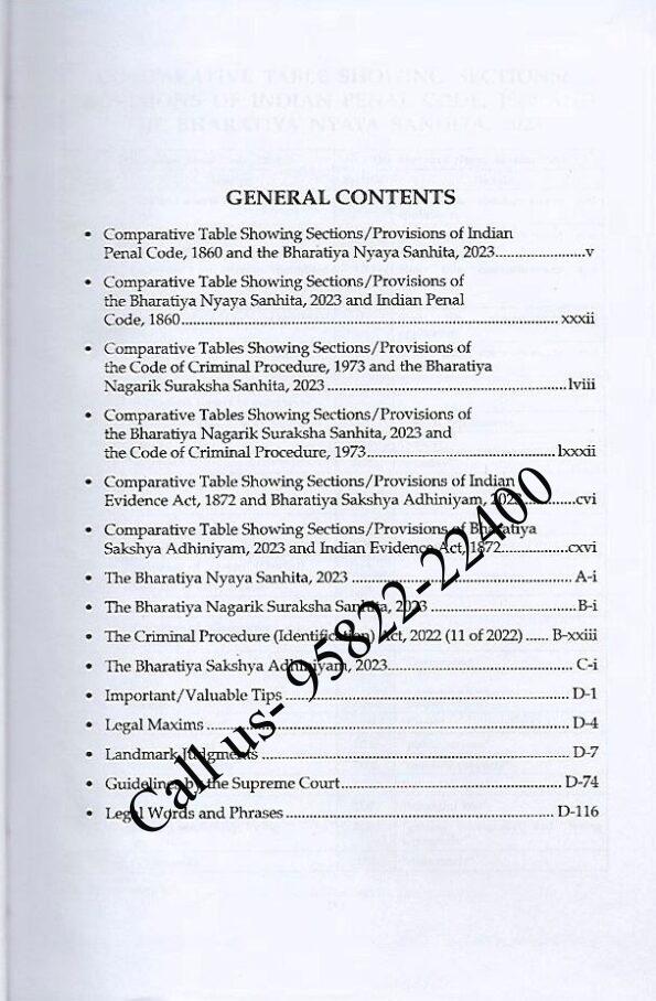 KD Gaur’s  Criminal Manual (New Criminal Major Laws) Containing The Bharatiya Nyaya Sanhita, 2023 (Act No. 45 of 2023) The Bharatiya Nagarik Suraksha Sanhita, 2023 (Act No. 46 of 2023), The Bharatiya Sakshya Adhiniyam, 2023 (Act No. 47 of 2023) Content page